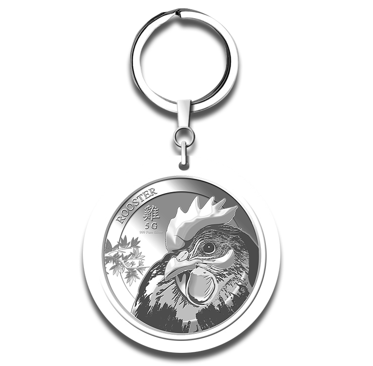 5g Golden Rooster Silver Medallion Keychain
